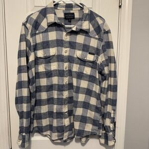 Lucky Brand Saturday Stretch Mens Large L Pearl Snap Button Up Plaid Pockets Blu